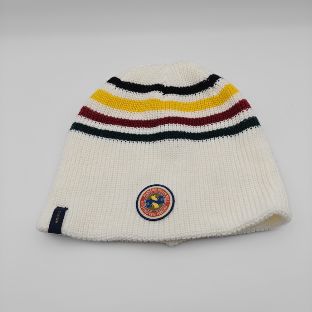 Pendleton Hat Beanie Glacier Unisex One Size White Striped Wool Patch Collection